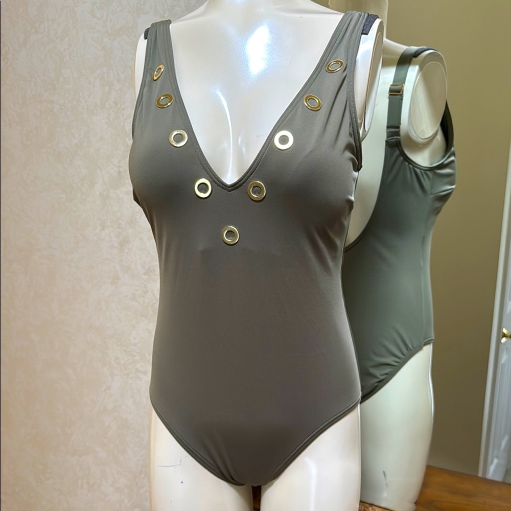 NWOT Michael Kors Olive Green Grommet Detail one piece Swimsuit.  Size 12.